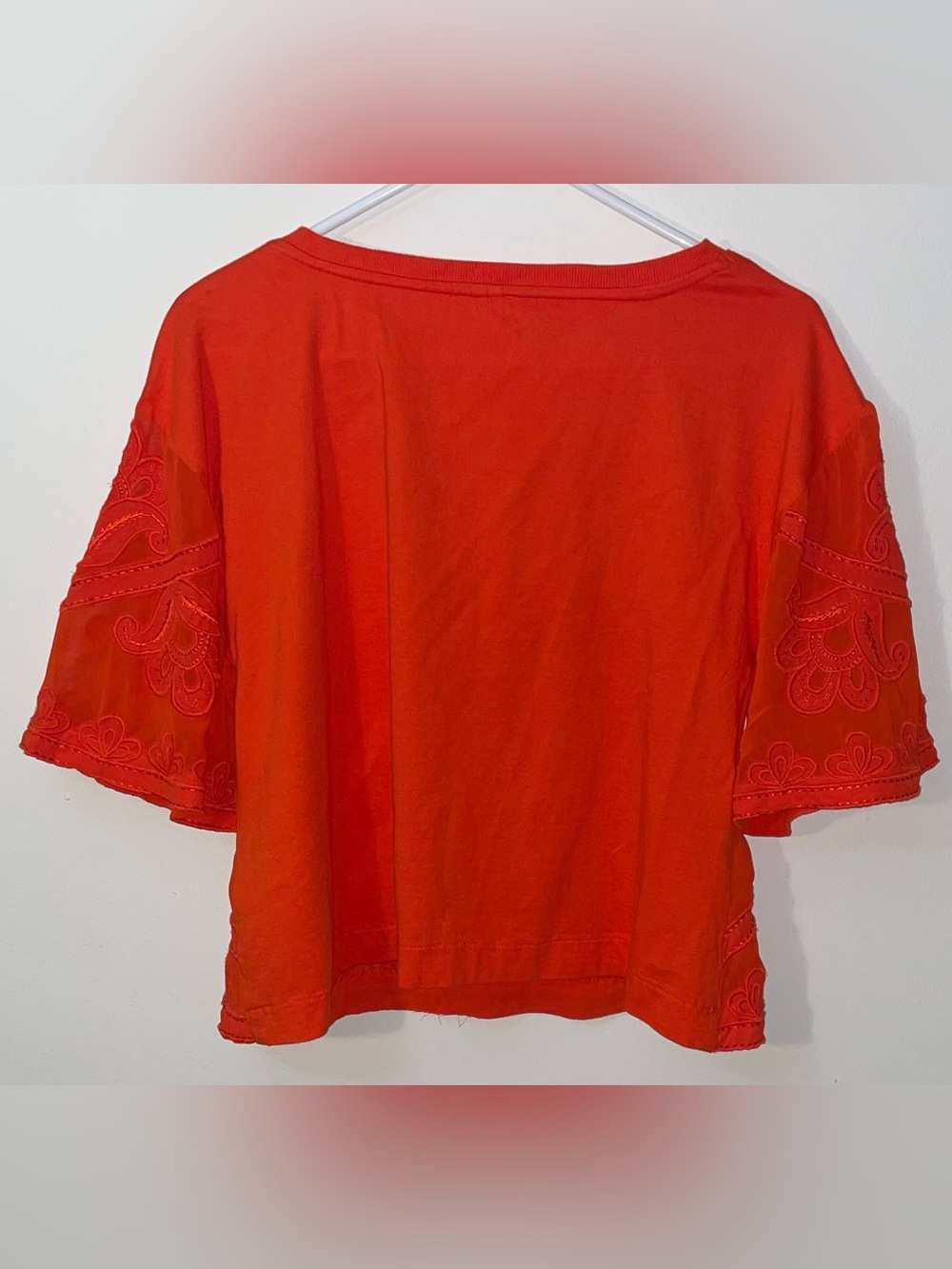 Anthropologie Women’s Rust Orange Sheer Embroidered Boxy Top - Picture 8 of 13